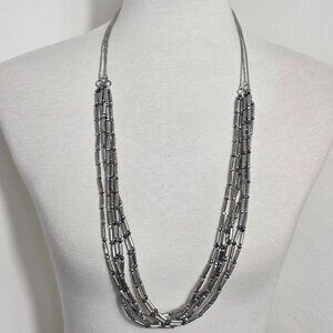 Chico's Statement Necklace Layered Strands Silver Tone Metal Tube Beads